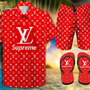 Louis Vuitton Supreme Hawaiian Shirt Beach Shorts And Flip Flops