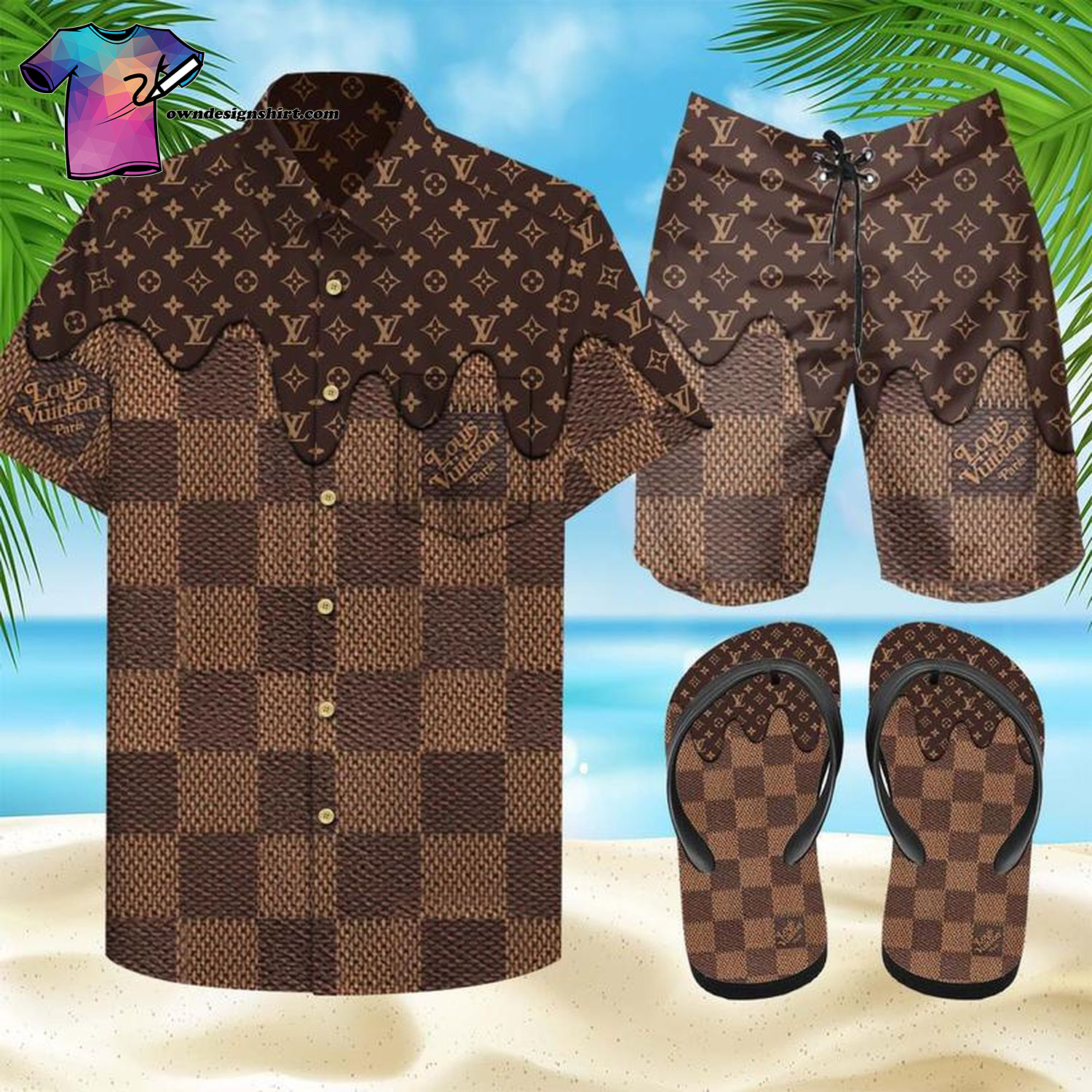 Louis Vuitton Symbol Full Print Hawaiian Shirt Beach Shorts And Flip Flops Louis Vuitton Symbol Full Print Hawaiian Shirt Beach Shorts And Flip Flops
