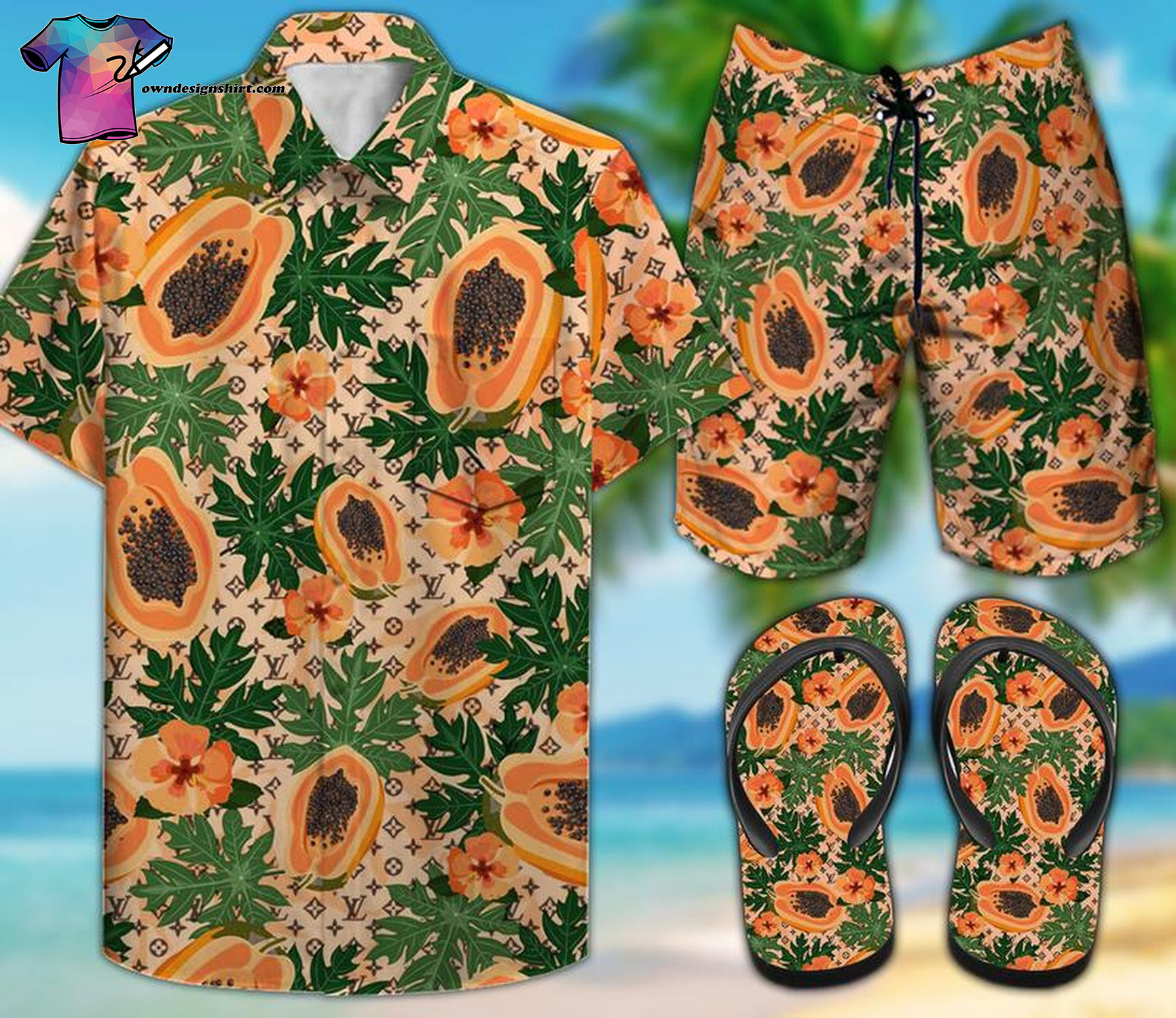 Louis Vuitton Tropical Fruit Full Print Hawaiian Shirt Beach Shorts And Flip Flops Louis Vuitton Tropical Fruit Full Print Hawaiian Shirt Beach Shorts And Flip Flops