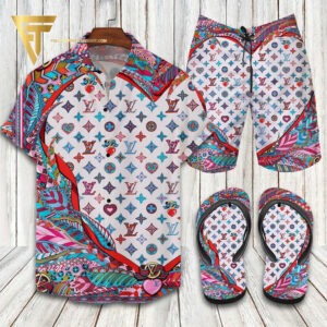Louis Vuitton Vintage Colorful Hawaiian Shirt Beach Shorts And Flip Flops