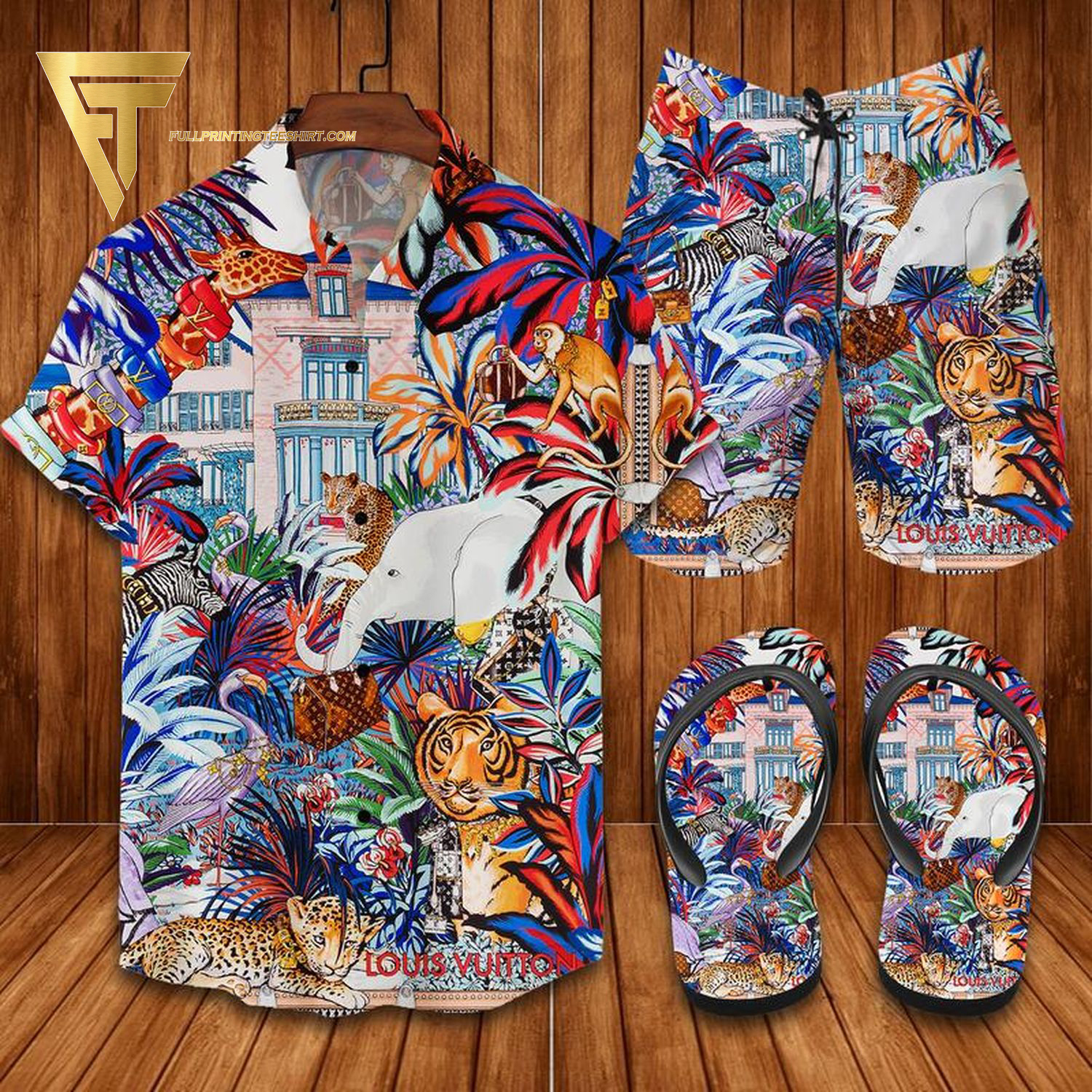 Louis Vuitton Wild Forest Color Retro Hawaiian Shirt Beach Shorts And Flip Flops Louis Vuitton Wild Forest Color Retro Hawaiian Shirt Beach Shorts And Flip Flops