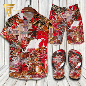 Louis Vuitton Wild Forest Hawaiian Shirt Beach Shorts And Flip Flops