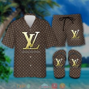 Louis Vuitton Gold Yellow Brown Hawaiian Shirt And Short