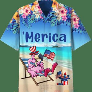Merica Us Flag Flamingo Hawaiian Shirt