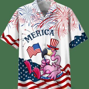 Merica Us Flag Flamingo White Hawaiian Shirt