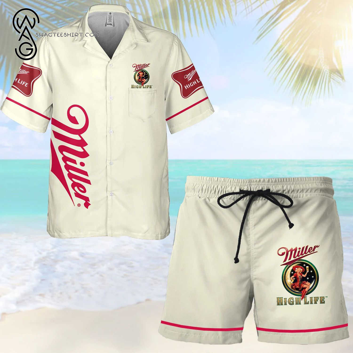 Miller High Life Beer All Over Print Hawaiian Shirt And Beach Shorts Miller High Life Beer All Over Print Hawaiian Shirt And Beach Shorts
