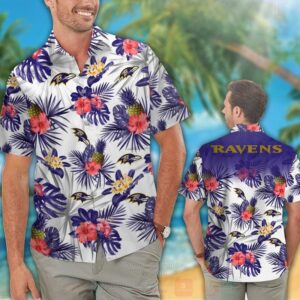 Nfl Baltimore Ravens White-Red Hibiscus Flowers Hawaiian Shirt