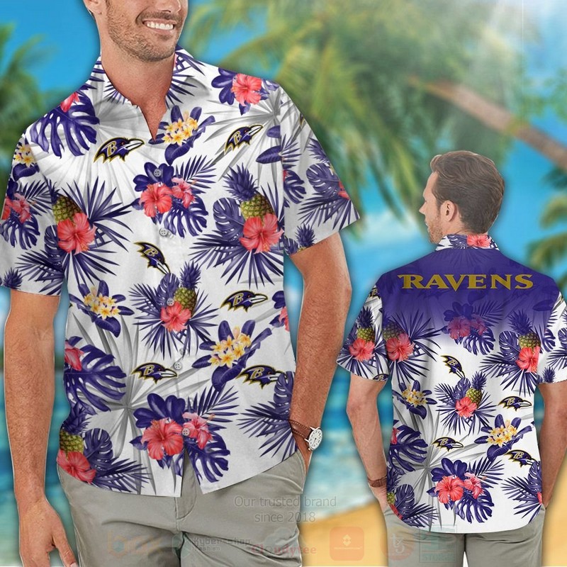 Nfl Baltimore Ravens White-Red Hibiscus Flowers Hawaiian Shirt Nfl Baltimore Ravens White-Red Hibiscus Flowers Hawaiian Shirt