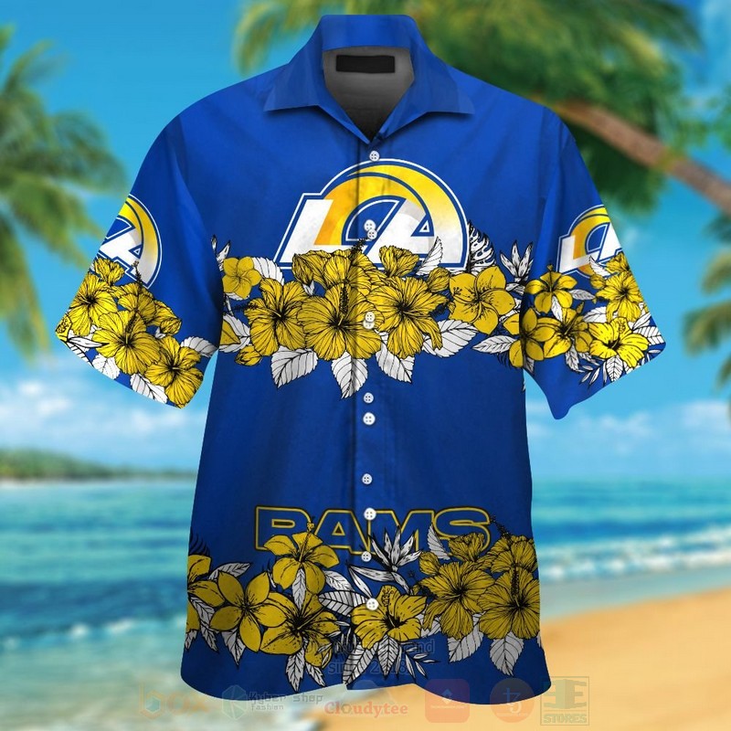 Nfl Los Angeles Rams Blue-Yellow And Hiibscus Hawaiian Shirt Nfl Los Angeles Rams Blue-Yellow And Hiibscus Hawaiian Shirt