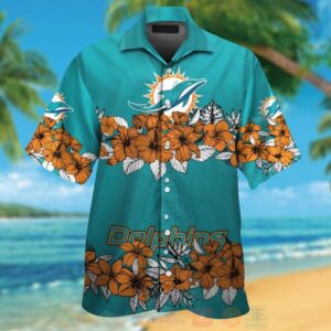 Nfl Miami Dolphins Aqua Green-Orange Hiibscus Flower Hawaiian Shirt