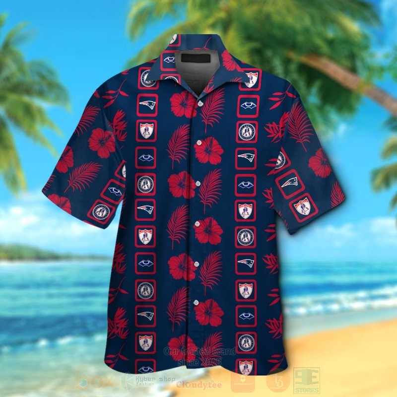 Nfl New England Patriots Logos Navy-Red Hiibscus Hawaiian Shirt Nfl New England Patriots Logos Navy-Red Hiibscus Hawaiian Shirt