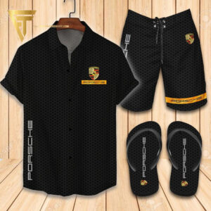 Porsche Black Symbol Hawaiian Shirt Beach Shorts And Flip Flops