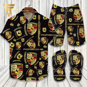 Porsche Car Symbol Hawaiian Shirt Beach Shorts And Flip Flops