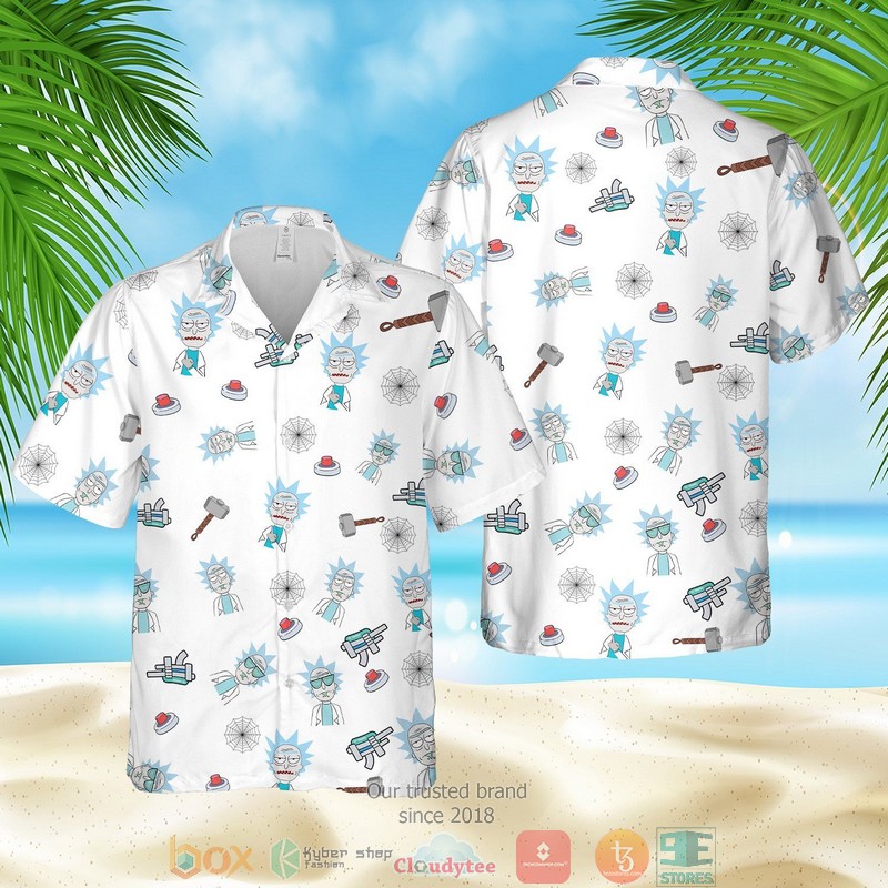 Rick And Morty Cartoon Pattern Printed White Hawaiian Shirt Rick And Morty Cartoon Pattern Printed White Hawaiian Shirt