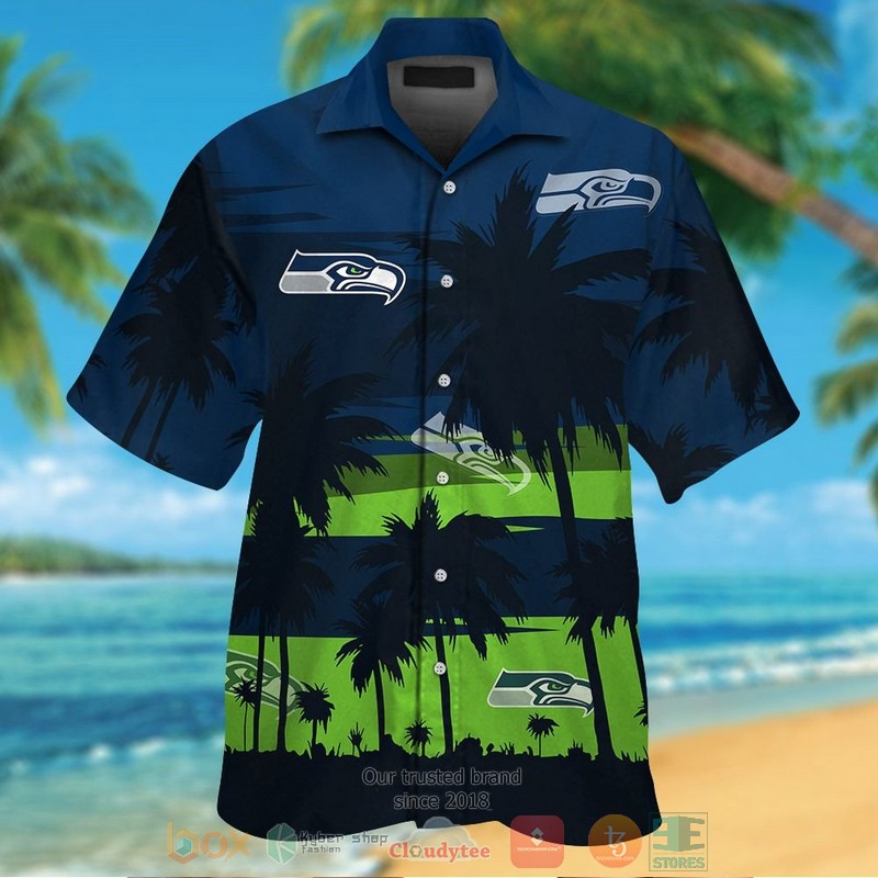 Seattle Seahawks Palm Tree Dark Navy Hawaiian Shirt And Shorts Seattle Seahawks Palm Tree Dark Navy Hawaiian Shirt And Shorts