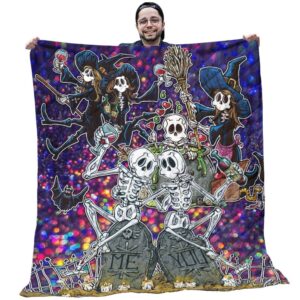 Skeleton Quilt - White Skeleton With Blue Sorcerer And Gray Headstone Quilt Blanket - Halloween Gift Ideas