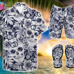 Skull Gucci Floral Full Print Hawaiian Shirt Beach Shorts And Flip Flops