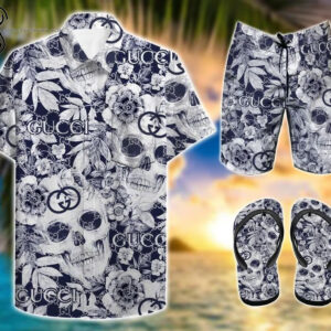Skull Gucci Symbol All Over Print Hawaiian Shirt Beach Shorts And Flip Flops