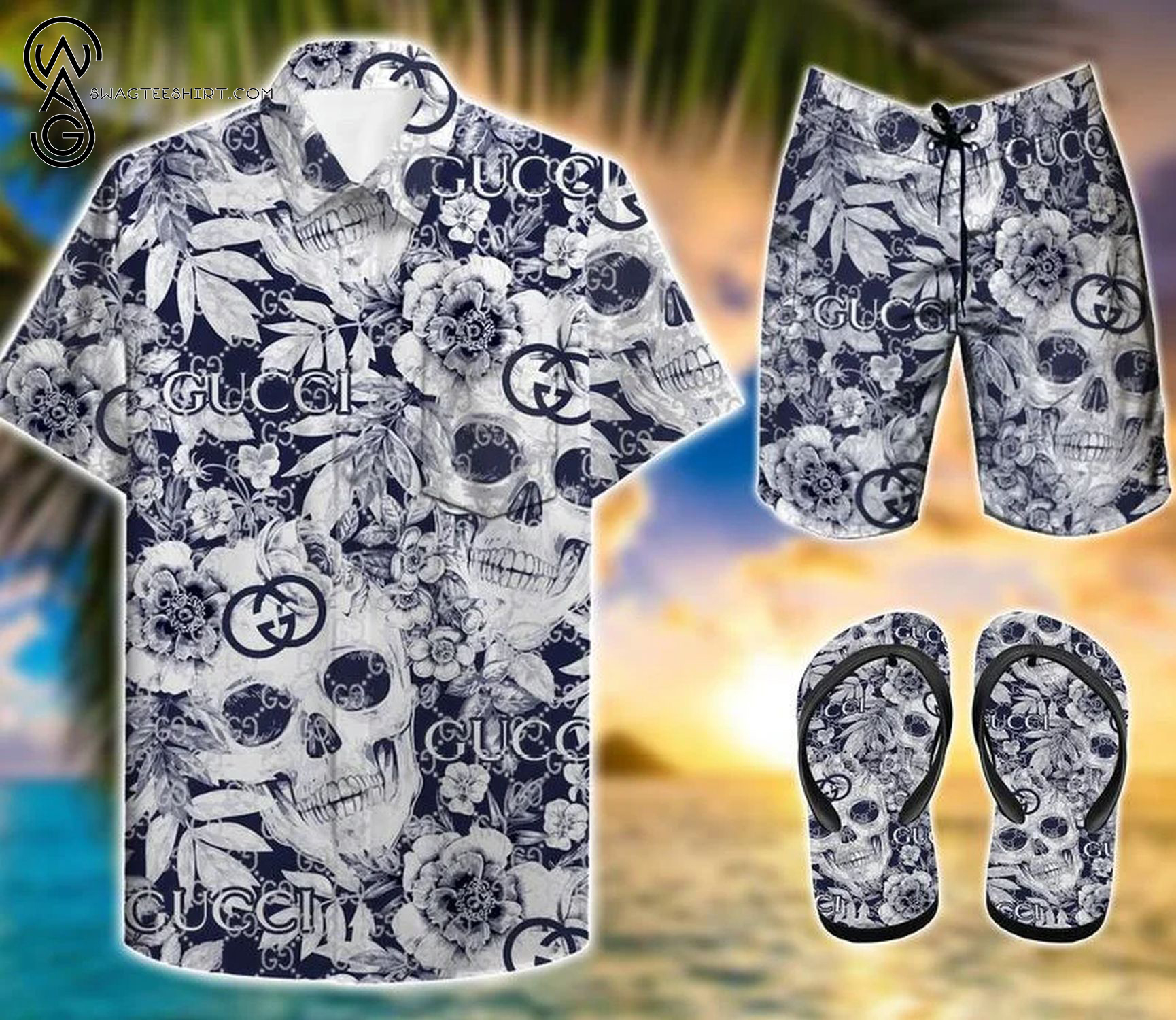 Skull Gucci Symbol All Over Print Hawaiian Shirt Beach Shorts And Flip Flops Skull Gucci Symbol All Over Print Hawaiian Shirt Beach Shorts And Flip Flops