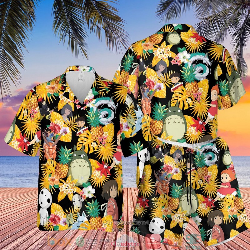Studio Ghibli Characters Pineapple Black Yellow Hawaiian Shirt Studio Ghibli Characters Pineapple Black Yellow Hawaiian Shirt