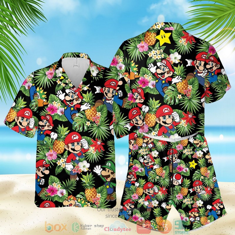 Super Mario Pineapple Black Hawaiian Shirt Super Mario Pineapple Black Hawaiian Shirt