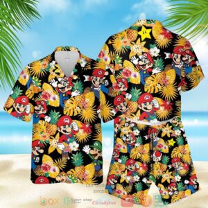 Super Mario Pineapple Black Yellow Hawaiian Shirt