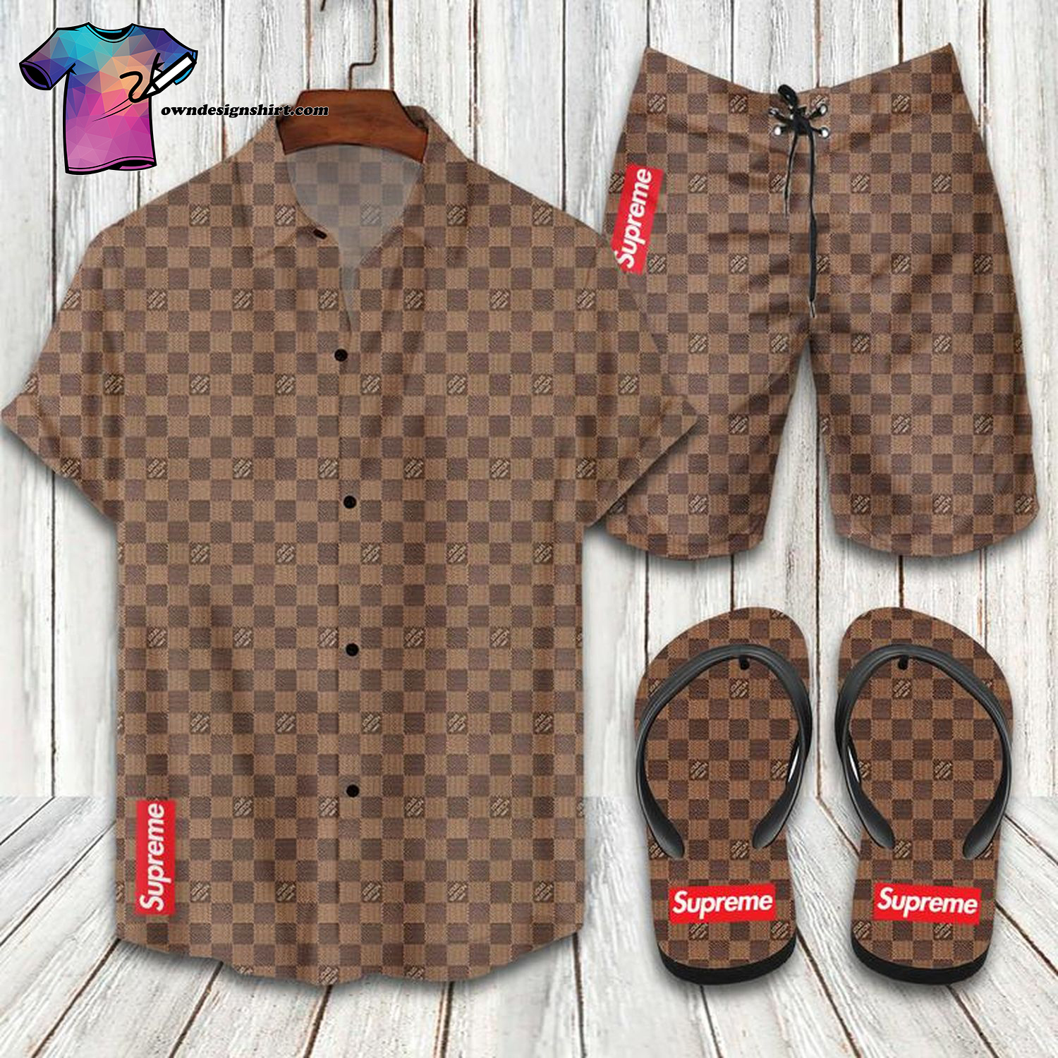 Supreme Louis Vuitton Full Print Hawaiian Shirt Beach Shorts And Flip Flops Supreme Louis Vuitton Full Print Hawaiian Shirt Beach Shorts And Flip Flops