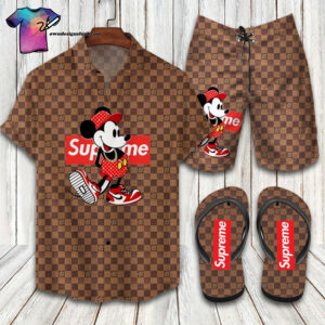 Supreme Louis Vuitton Mickey Hawaiian Shirt Beach Shorts And Flip Flops