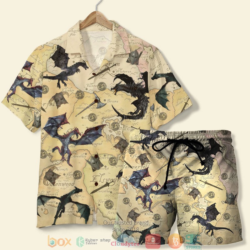 T.E.S. Game Skyrim The Game With Dragons And Old Tamriel Map Pattern Hawaiian Shirt T.E.S. Game Skyrim The Game With Dragons And Old Tamriel Map Pattern Hawaiian Shirt