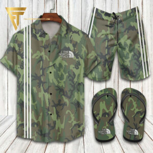 The North Face Camo Hawaiian Shirt Beach Shorts And Flip Flops