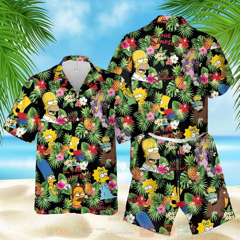 The Simpsons Characters Pineapple Black Hawaiian Shirt The Simpsons Characters Pineapple Black Hawaiian Shirt
