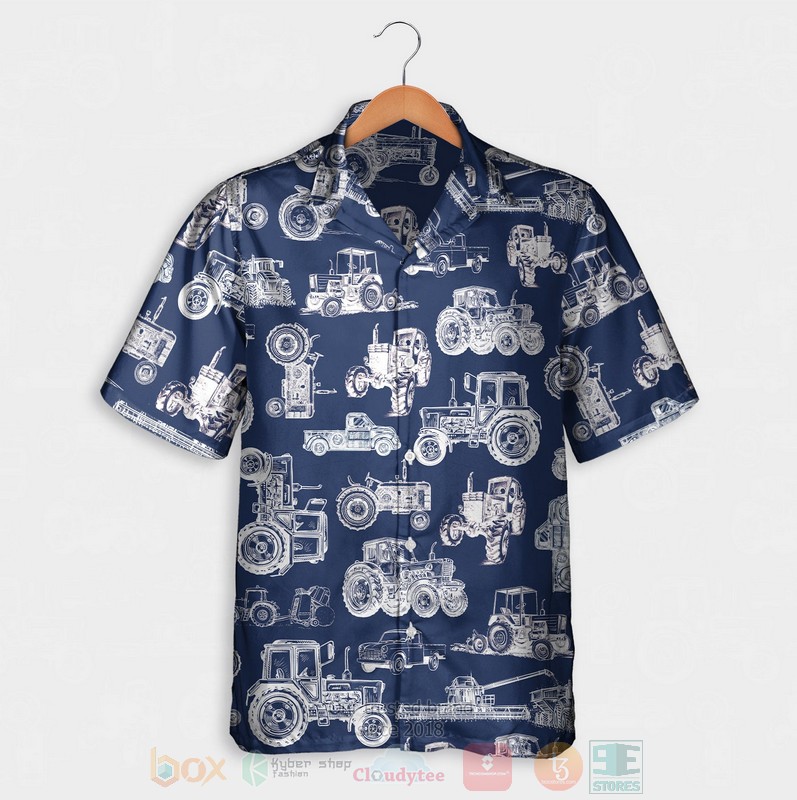 Tractor Pattern White And Blue Hawaiian Shirt Tractor Pattern White And Blue Hawaiian Shirt