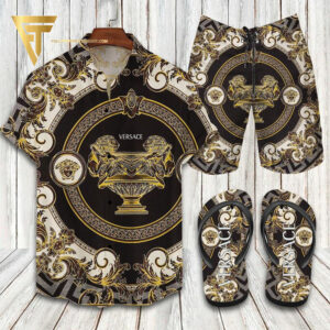 Versace Black Gold Classic Version Hawaiian Shirt Beach Shorts And Flip Flops