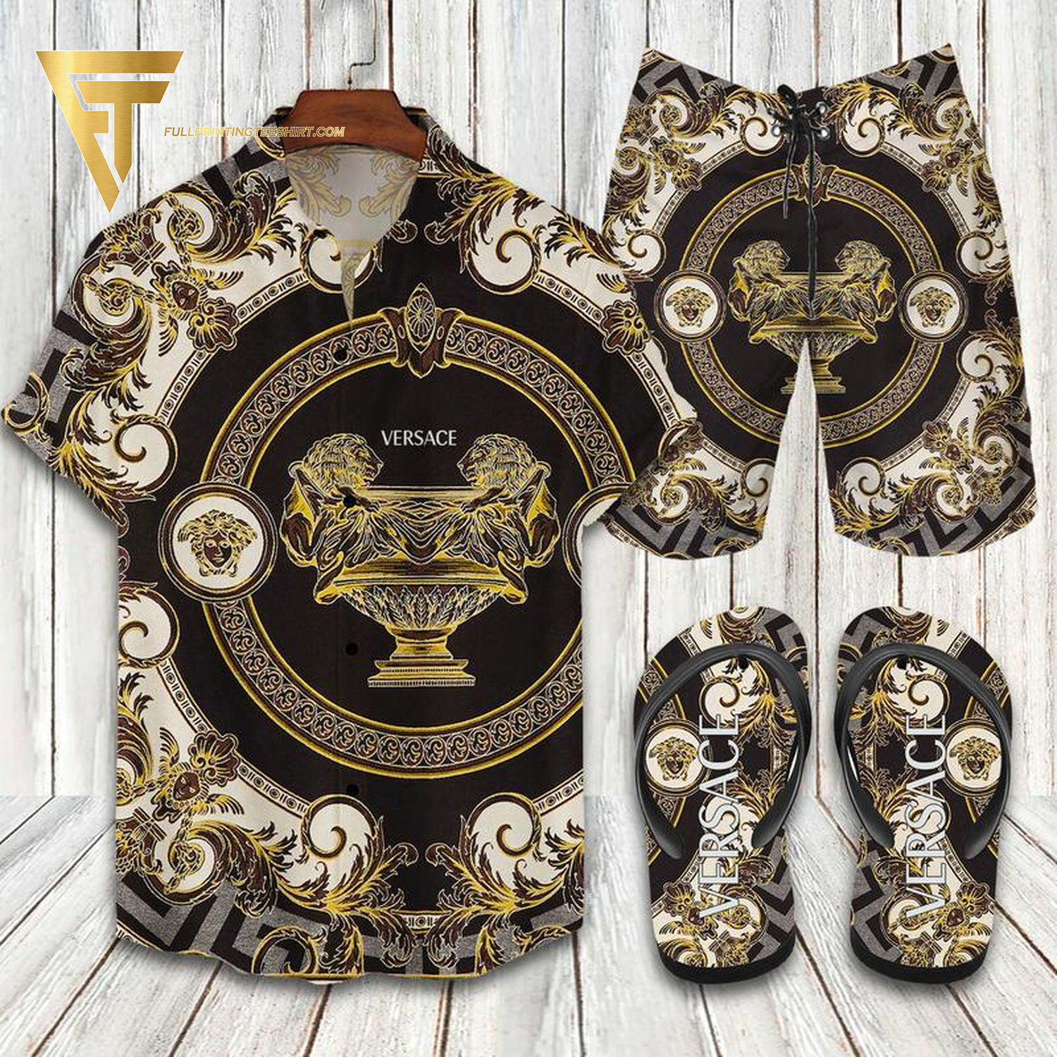 Versace Black Gold Classic Version Hawaiian Shirt Beach Shorts And Flip Flops Versace Black Gold Classic Version Hawaiian Shirt Beach Shorts And Flip Flops