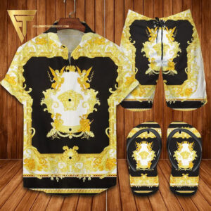 Versace Black Gold Hawaiian Shirt Beach Shorts And Flip Flops