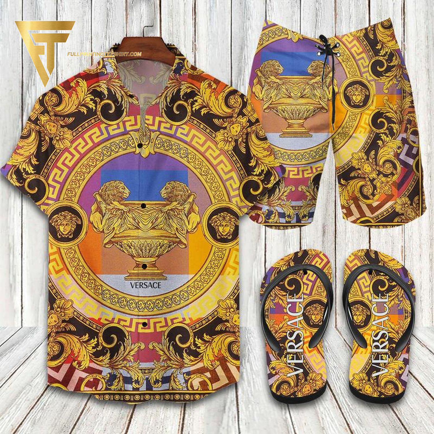 Versace Colorful Gold Classic Version Hawaiian Shirt Beach Shorts And Flip Flops Versace Colorful Gold Classic Version Hawaiian Shirt Beach Shorts And Flip Flops