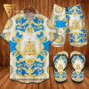 Versace Gold Blue Hawaiian Shirt Beach Shorts And Flip Flops