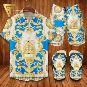 Versace Gold Blue Hawaiian Shirt Beach Shorts And Flip Flops