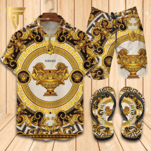 Versace Gold Classic Version Hawaiian Shirt Beach Shorts And Flip Flops
