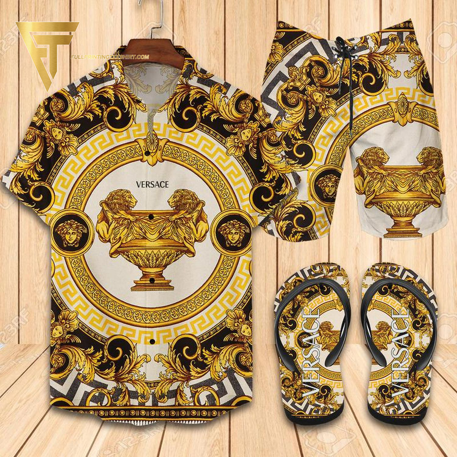 Versace Gold Classic Version Hawaiian Shirt Beach Shorts And Flip Flops Versace Gold Classic Version Hawaiian Shirt Beach Shorts And Flip Flops