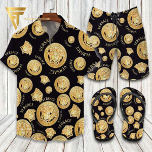 Versace Gold Logo Hawaiian Shirt Beach Shorts And Flip Flops