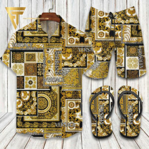 Versace Gold Monogram Hawaiian Shirt Beach Shorts And Flip Flops