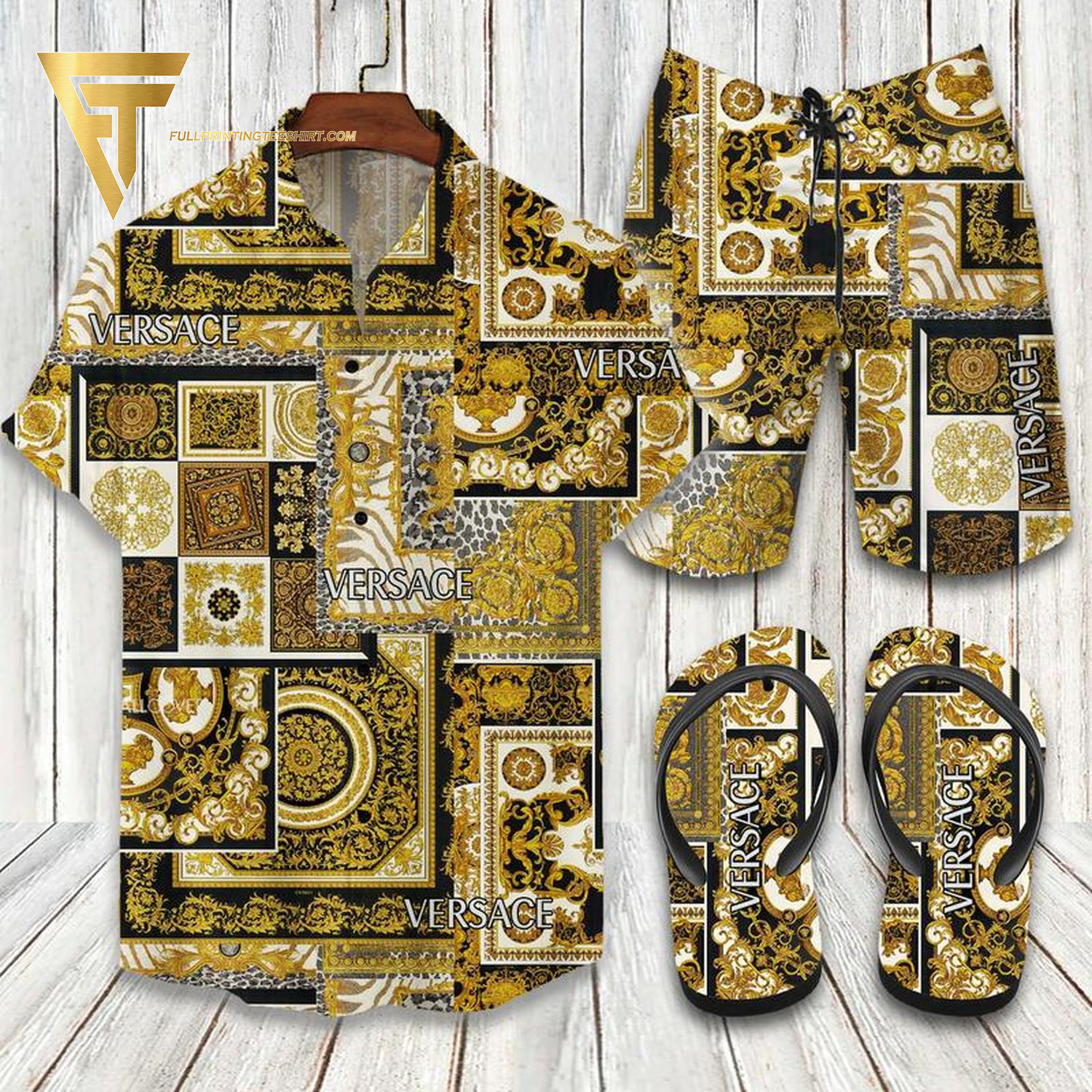 Versace Gold Monogram Hawaiian Shirt Beach Shorts And Flip Flops Versace Gold Monogram Hawaiian Shirt Beach Shorts And Flip Flops