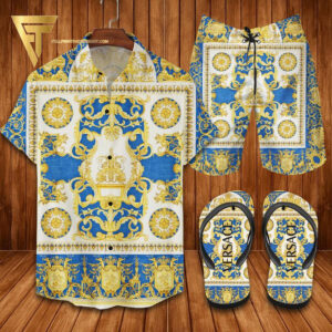 Versace Green Classic Logo Hawaiian Shirt Beach Shorts And Flip Flops