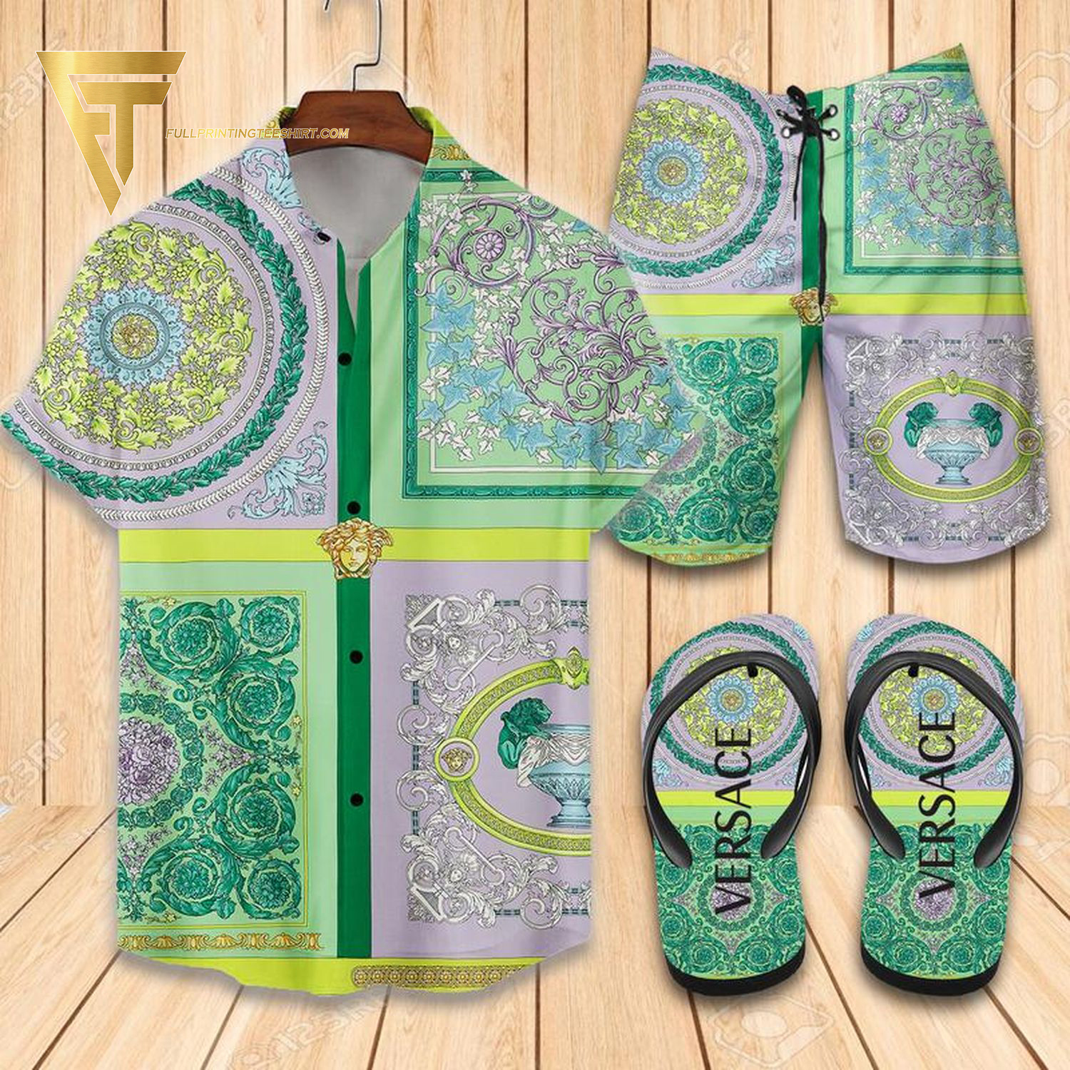 Versace Green Logo Hawaiian Shirt Beach Shorts And Flip Flops Versace Green Logo Hawaiian Shirt Beach Shorts And Flip Flops