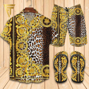 Versace Leopard Logo Hawaiian Shirt Beach Shorts And Flip Flops