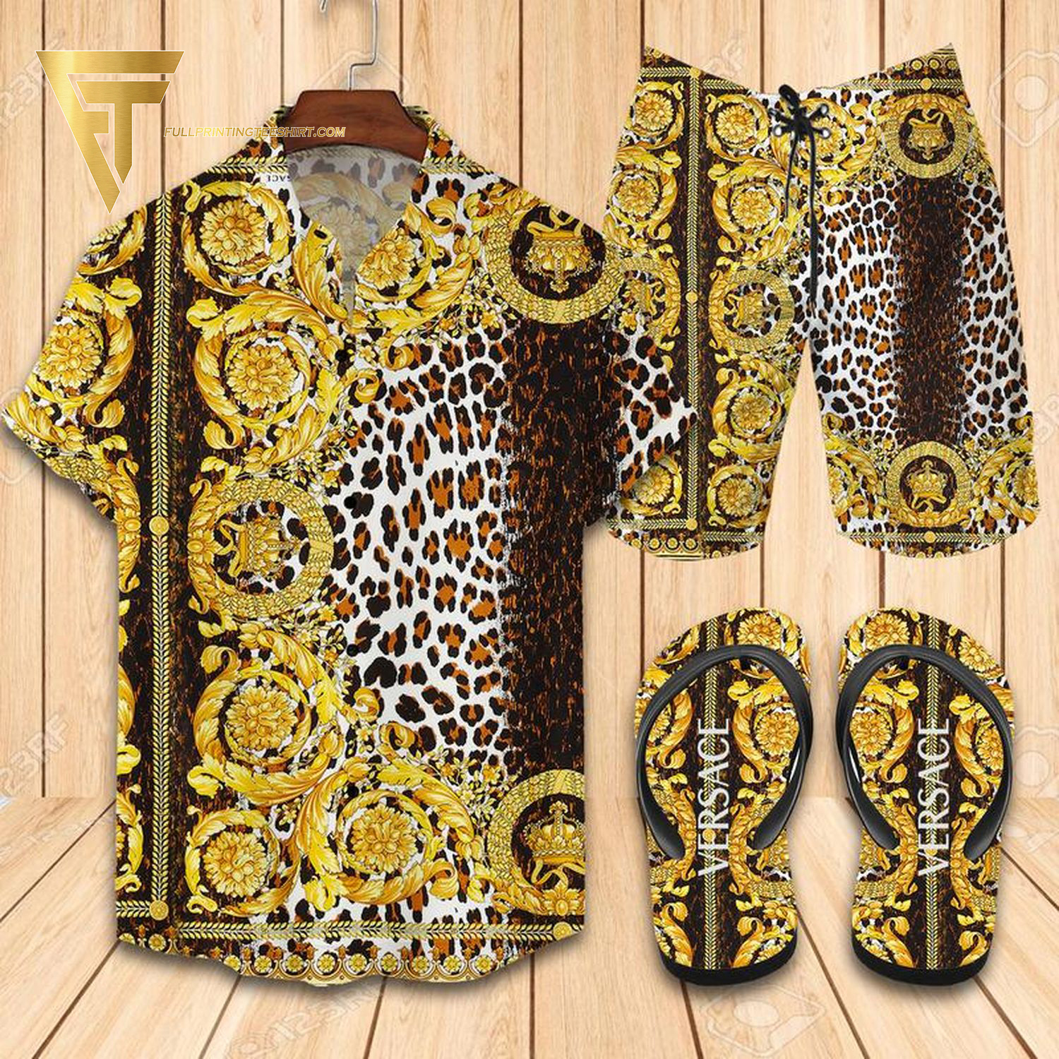Versace Leopard Logo Hawaiian Shirt Beach Shorts And Flip Flops Versace Leopard Logo Hawaiian Shirt Beach Shorts And Flip Flops