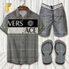 Versace Logo Black Grey Hawaiian Shirt Beach Shorts And Flip Flops