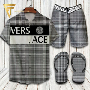Versace Logo Black Grey Hawaiian Shirt Beach Shorts And Flip Flops