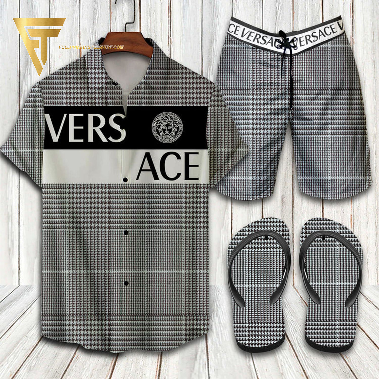 Versace Logo Black Grey Hawaiian Shirt Beach Shorts And Flip Flops Versace Logo Black Grey Hawaiian Shirt Beach Shorts And Flip Flops